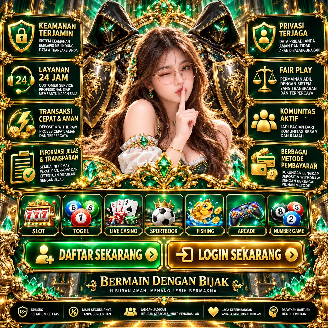 Banner ilustrasi permainan dan keamanan KILAT4D bernuansa hijau dan emas